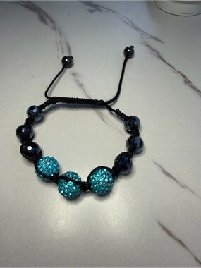 Adjustable Black Cord Bracelet with Aqua Crystal Pave Beads